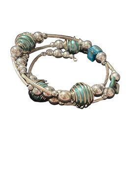 Silver and Teal Beaded Coil Bracelet - Women Jewelry